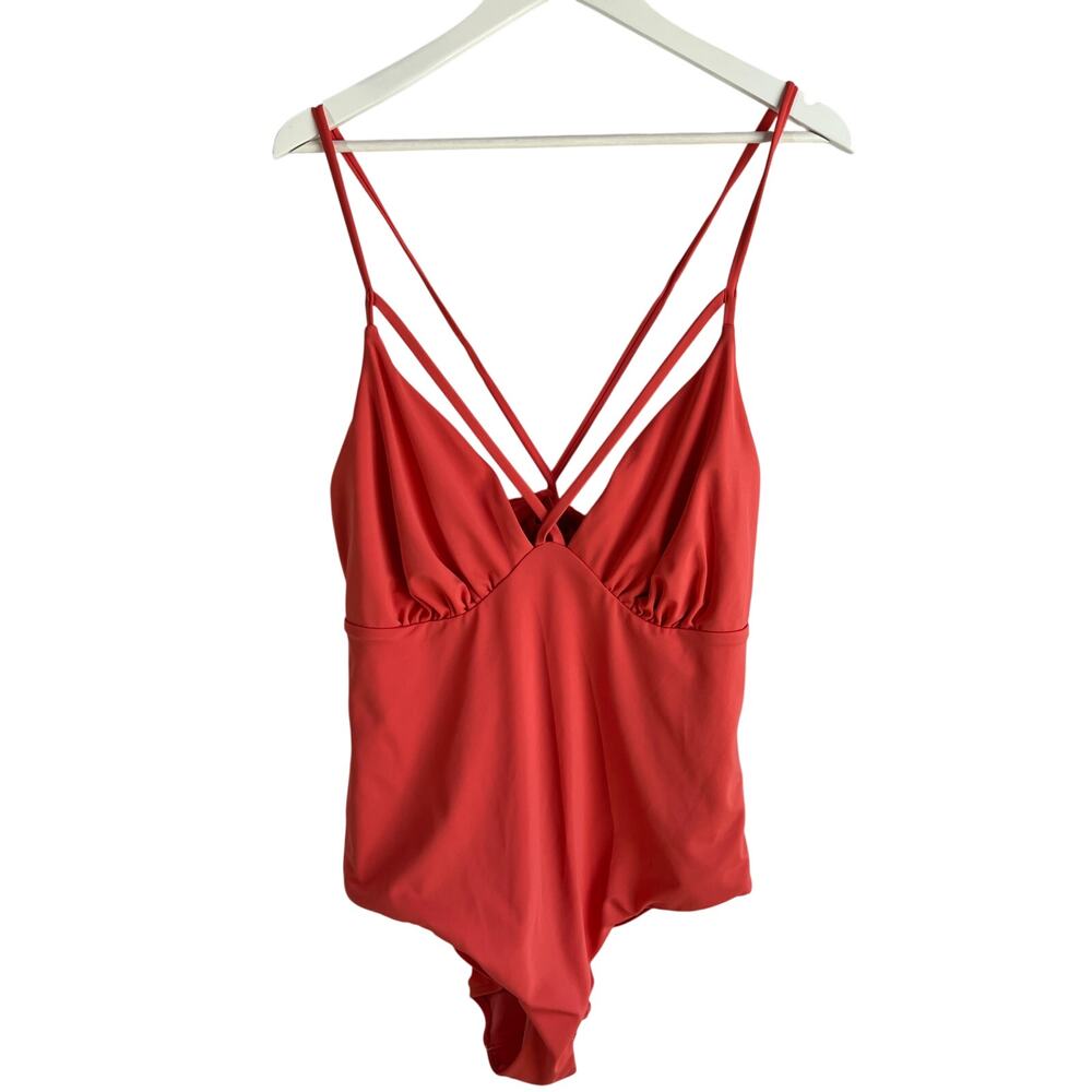SWIMSUITS FOR ALL PLUNGING FRONT STRAPPY ONE PIECE SWIMSUIT SIZE 18 CORAL NWOT